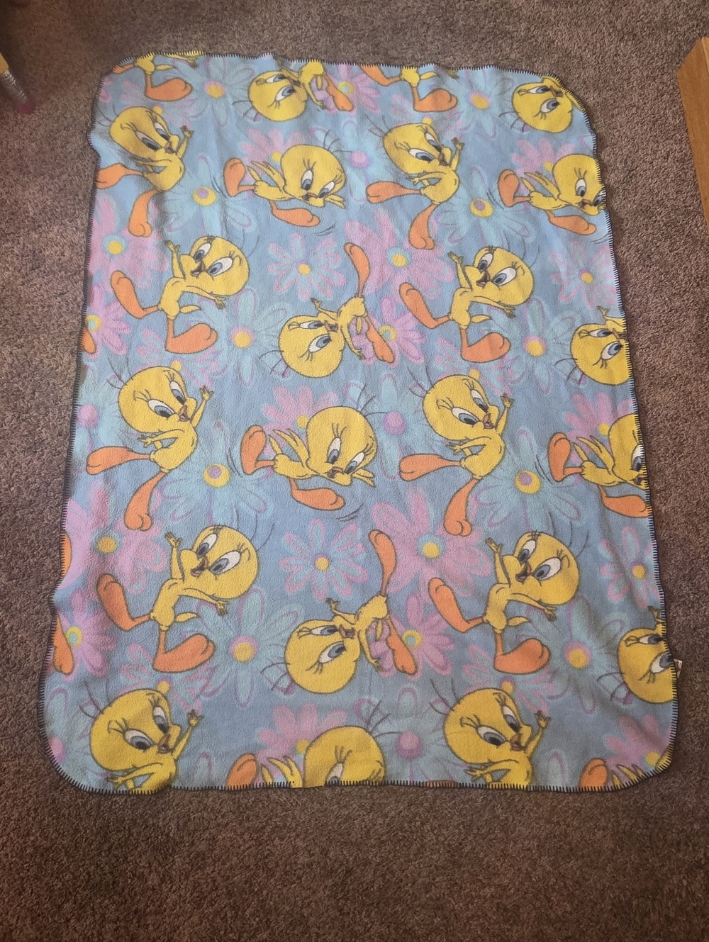 Vintage 1999 Tweety Bird Blue Floral Plush Throw Blanket - Picture 5 of 7